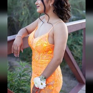 Elegant Orange Floral Sequin Dress